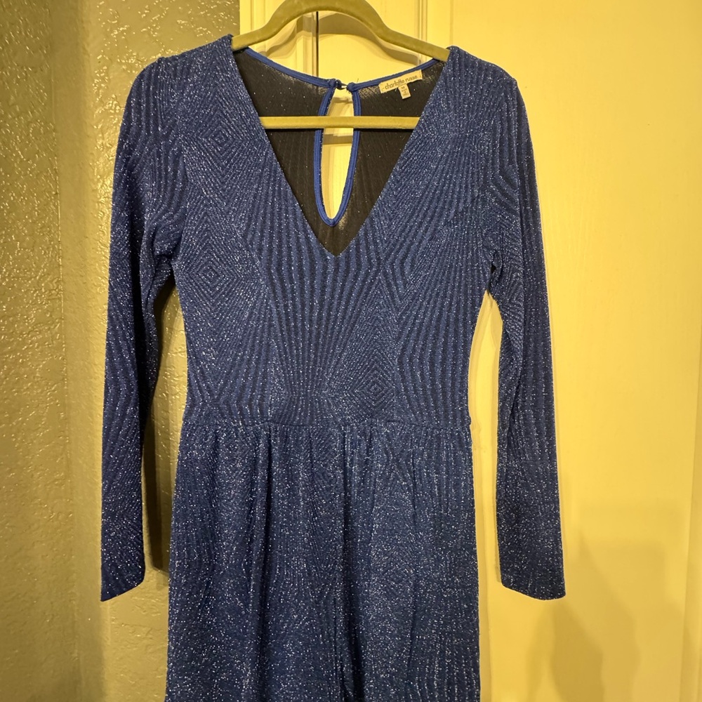 Charlotte Russe Sparkling Metallic Navy Long Sleeve Romper